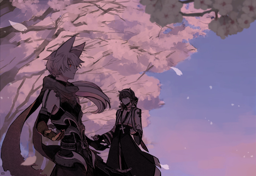 2boys animal_ears archbishop_(ragnarok_online) bangs black_gloves black_shirt blue_sky cherry_blossoms closed_mouth coat commentary_request cowboy_shot cross cross_necklace elbow_gloves fingerless_gloves fox_ears gloves gradient_sky guillotine_cross_(ragnarok_online) hairband highres jewelry kusabi_(aighe) long_sleeves looking_to_the_side male_focus multiple_boys necklace open_clothes open_coat open_mouth outdoors pants pink_sky ragnarok_online red_armor red_eyes red_scarf scarf shirt short_hair signature sky sleeveless sleeveless_shirt torn_scarf tree white_coat white_hair white_pants