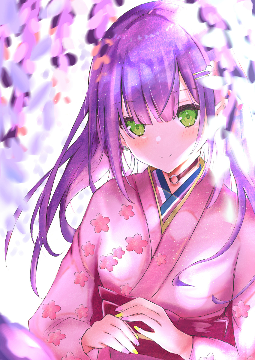 1girl absurdres alternate_costume alternate_hairstyle blush choker closed_mouth commentary ear_piercing eyebrows_visible_through_hair floral_print flower green_eyes hair_between_eyes hair_down hair_flower hair_ornament hairclip highres hololive huge_filesize japanese_clothes kimono light long_hair looking_at_viewer mihanada_kasumi multicolored multicolored_hair multicolored_nails nail_polish o-ring o-ring_choker obi petals piercing pink_hair pink_kimono pink_nails purple_hair red_choker sash simple_background smile solo streaked_hair tokoyami_towa two-tone_hair upper_body virtual_youtuber white_background wisteria yellow_nails