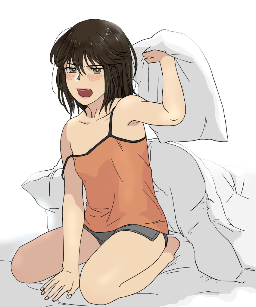1girl black_hair brown_eyes camisole full_body grey_shorts highres holding holding_pillow kantai_collection looking_at_viewer open_mouth orange_camisole pillow sendai_(kancolle) sendai_(kantai_collection) short_hair shorts simple_background sitting sleepwear solo strap_slip translation_request under_covers wariza white_background yoshizawa_tamae