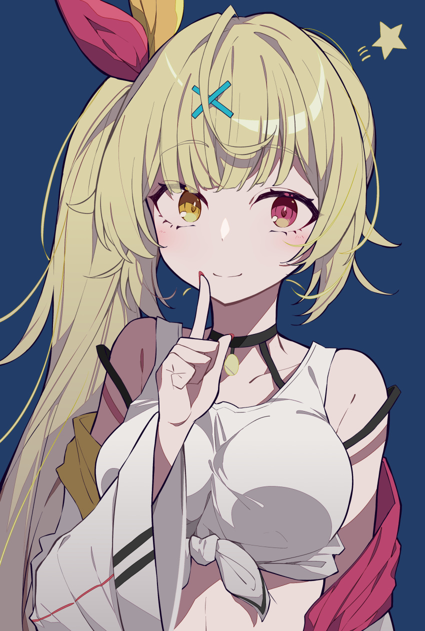 1girl absurdres bangs bare_shoulders blonde_hair blue_background blush brown_eyes closed_mouth collarbone eyebrows_visible_through_hair front-tie_top hair_ornament hairclip hand_up heterochromia highres hoshikawa_sara index_finger_raised jacket long_hair long_sleeves looking_at_viewer nail_polish nijisanji off_shoulder open_clothes open_jacket red_eyes red_nails side_ponytail simple_background smile solo star_(symbol) tank_top toake_mikage upper_body very_long_hair virtual_youtuber white_jacket white_tank_top wide_sleeves x_hair_ornament
