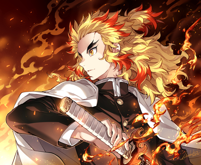 1boy artist_name blonde_hair buttons cape colored_tips commentary_request embers fire gakuran high_collar highres holding holding_sword holding_weapon katana kimetsu_no_yaiba long_hair long_sleeves looking_away looking_to_the_side male_focus multicolored_hair nardack profile redhead rengoku_kyoujurou school_uniform signature solo sword topknot two-tone_hair weapon white_cape yellow_eyes