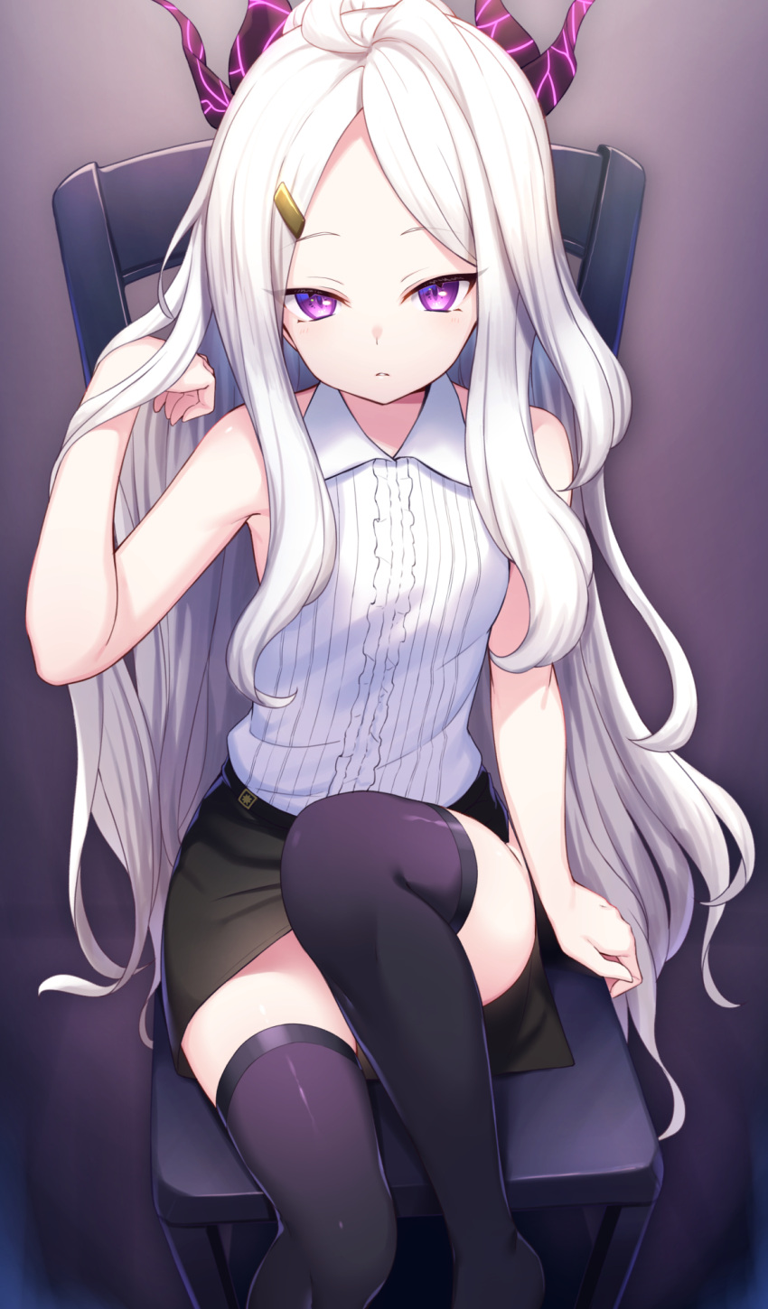 1girl ahoge armpits bangs bare_arms bare_shoulders black_legwear black_skirt blue_archive chair collared_shirt convenient_leg eliot_c_f flat_chest forehead hand_up highres hina_(blue_archive) horns knee_up long_hair looking_at_viewer miniskirt parted_bangs parted_lips pencil_skirt shirt shirt_tucked_in side_slit sitting skirt sleeveless sleeveless_shirt solo thigh-highs violet_eyes white_hair white_shirt zettai_ryouiki