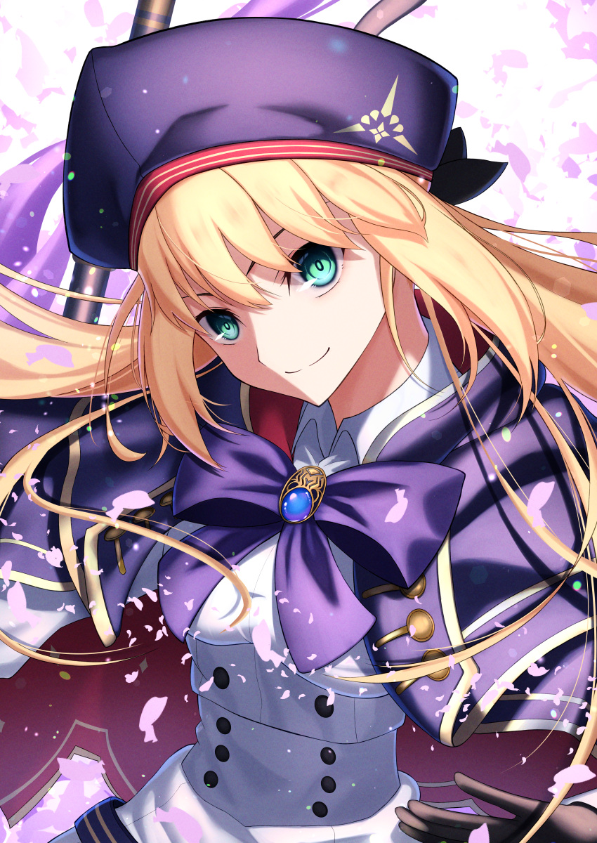 1girl absurdres artoria_pendragon_(all) artoria_pendragon_(caster)_(fate) bangs black_gloves blonde_hair bow bowtie breasts closed_mouth fate/grand_order fate_(series) gloves hair_between_eyes hat highres huge_filesize long_hair looking_at_viewer medium_breasts petals purple_capelet purple_headwear purple_neckwear sidelocks smile solo sou_skate714 staff upper_body yellow_eyes