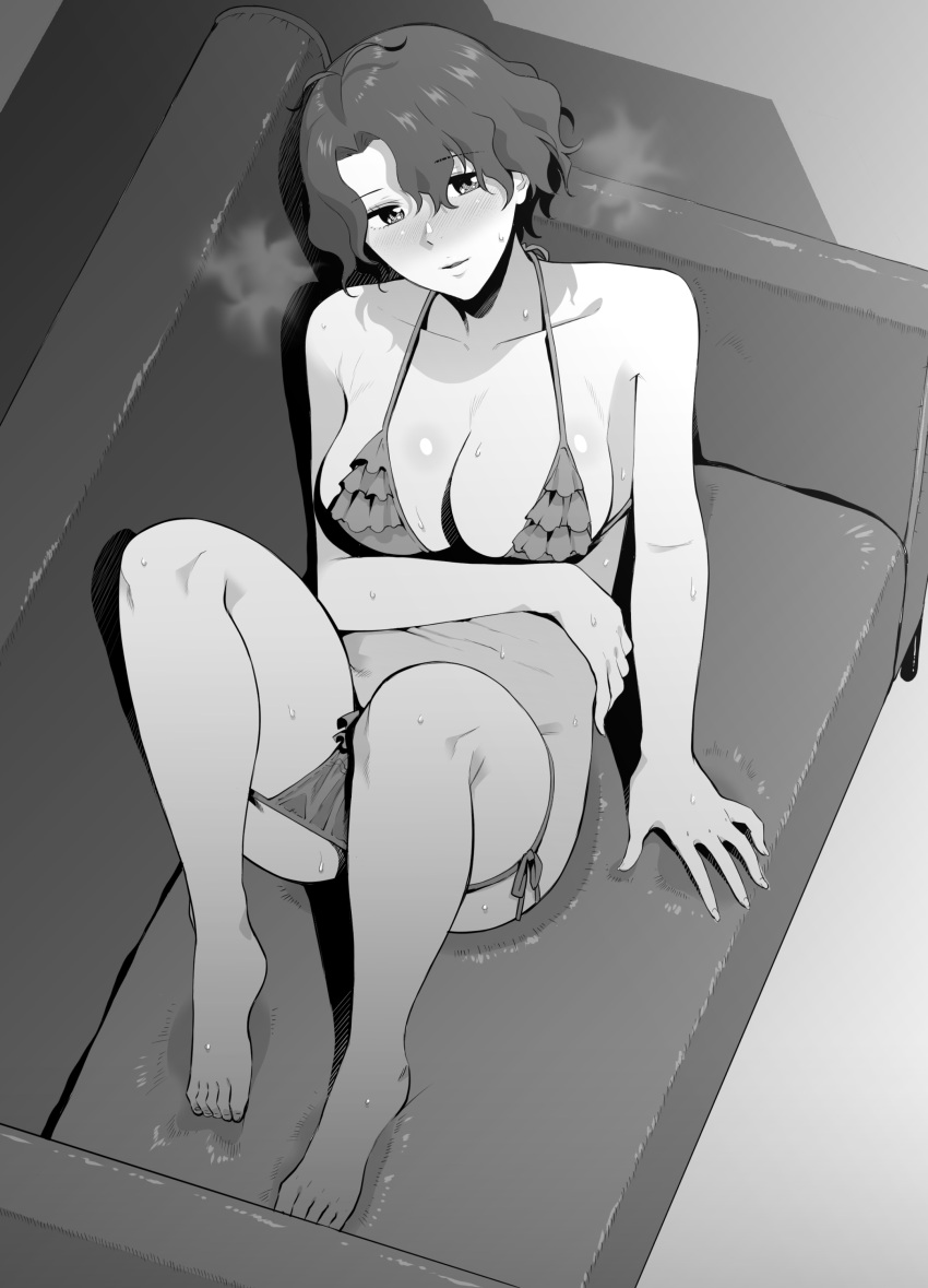 1girl absurdres antenna_hair bikini bikini_bottom_pull blush breasts commentary_request couch curly_hair from_above greyscale highres humiyou idolmaster idolmaster_million_live! knees_up large_breasts looking_at_viewer micro_bikini monochrome short_hair sitting solo steaming_body string_bikini sweat swimsuit toyokawa_fuuka