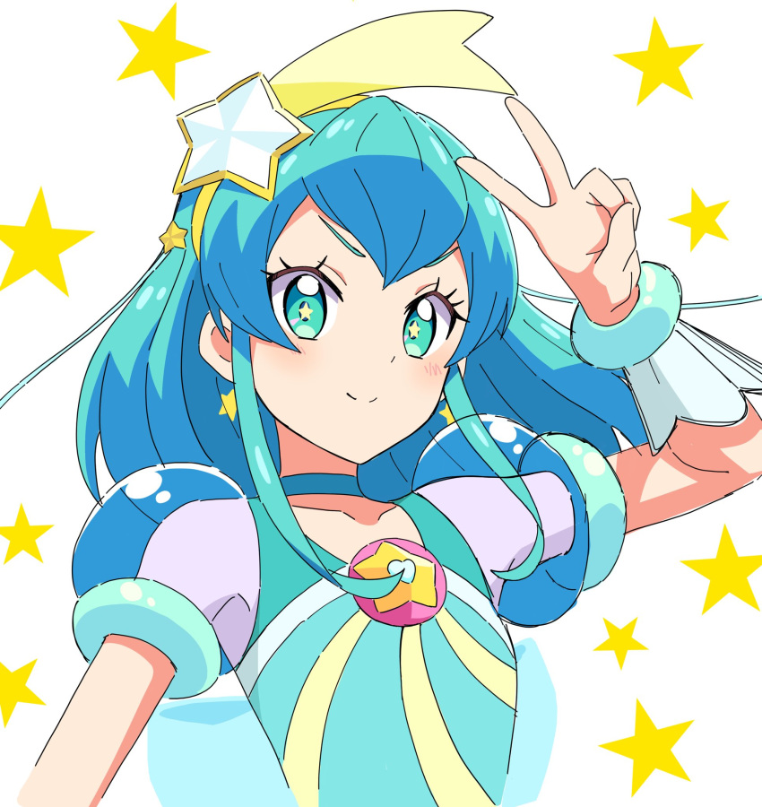 1girl arm_up blue_choker blue_eyes blue_hair choker closed_mouth collarbone cure_milky floating_hair hair_ornament hairband highres kousuke0912 long_hair precure see-through shiny shiny_hair sketch smile solo star-shaped_pupils star_(symbol) star_hair_ornament star_twinkle_precure starry_background symbol-shaped_pupils upper_body v yellow_hairband