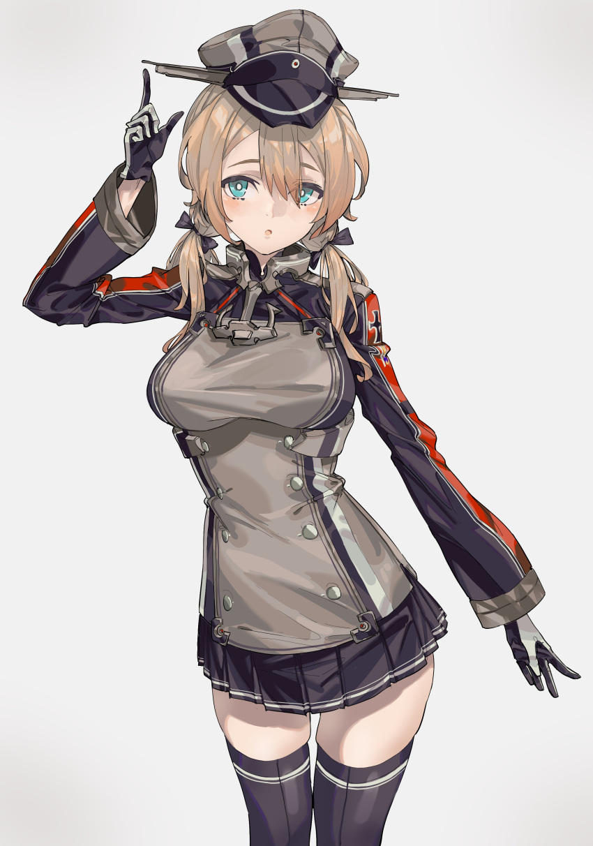 1girl :o absurdres bangs black_legwear black_skirt blonde_hair breasts commentary gloves grey_background hair_between_eyes hair_ribbon hat highres index_finger_raised iron_cross kantai_collection kazukingu large_breasts long_hair long_sleeves military military_uniform open_mouth peaked_cap pleated_skirt prinz_eugen_(kancolle) ribbon short_hair simple_background skirt solo thigh-highs twintails uniform