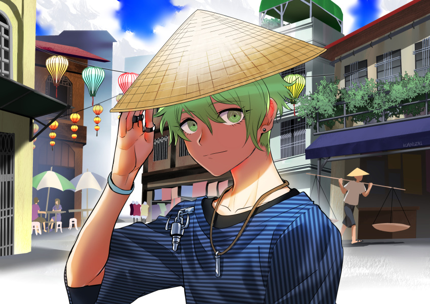 1boy amami_rantarou artist_name bangs bracelet building carrying chair closed_mouth collarbone dangan_ronpa_(series) dangan_ronpa_v3:_killing_harmony day earrings green_eyes green_hair hand_on_headwear hat highres jewelry kuangtai_(amami_ryoko) looking_at_viewer male_focus necklace outdoors people ring shirt short_hair short_sleeves sitting sky smile solo straw_hat striped striped_shirt table thumb_ring upper_body