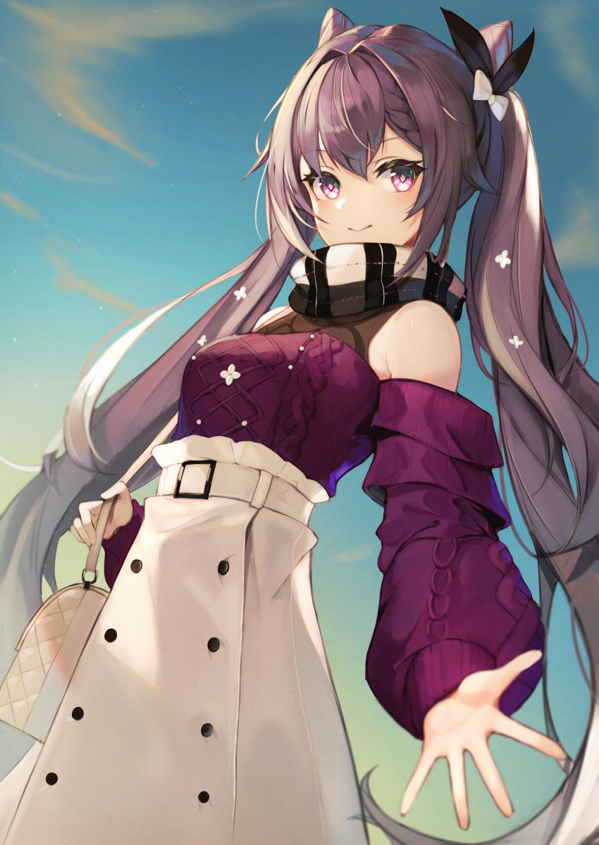 &gt;:) 1girl absurdres alternate_costume aran_sweater belt belt_buckle blue_sky blush bow breasts buckle casual closed_mouth day detached_sleeves genshin_impact hair_bow hair_cones high-waist_skirt highres keqing_(genshin_impact) long_hair long_sleeves looking_at_viewer lumo_1121 medium_breasts multicolored multicolored_clothes multicolored_scarf outdoors outstretched_arm plaid plaid_scarf purple_hair purple_sweater scarf skirt sky smile solo spread_fingers sweater twintails very_long_hair violet_eyes white_bow white_skirt