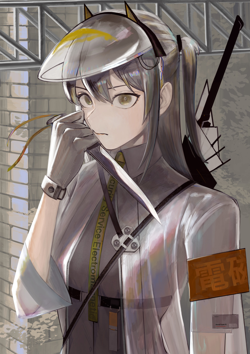 1girl absurdres bangle bracelet brick_wall brown_eyes collared_shirt expressionless gloves grey_gloves grey_hair grey_shirt hand_up highres holding holding_knife huge_filesize jewelry knife long_hair long_sleeves original see-through shirt short_sleeves solo the_taika upper_body