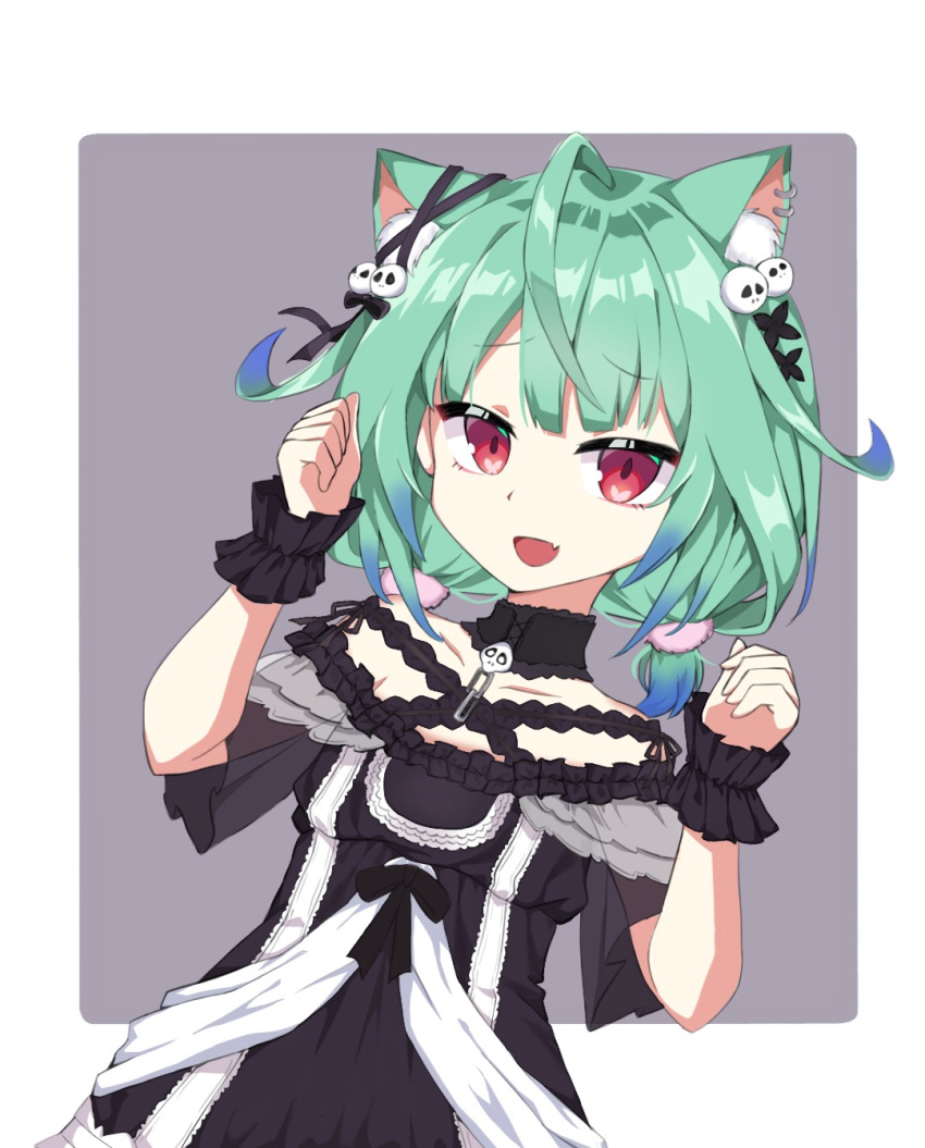 1girl ahoge animal_ear_fluff animal_ears bangs bare_shoulders black_dress cat_ears clenched_hands collarbone detached_collar dress eyebrows_visible_through_hair fang gothic_lolita green_hair hair_ornament highres hololive imosalad kemonomimi_mode lolita_fashion off-shoulder_dress off_shoulder open_mouth red_eyes short_hair short_twintails skin_fang skull_hair_ornament solo twintails uruha_rushia virtual_youtuber wrist_cuffs