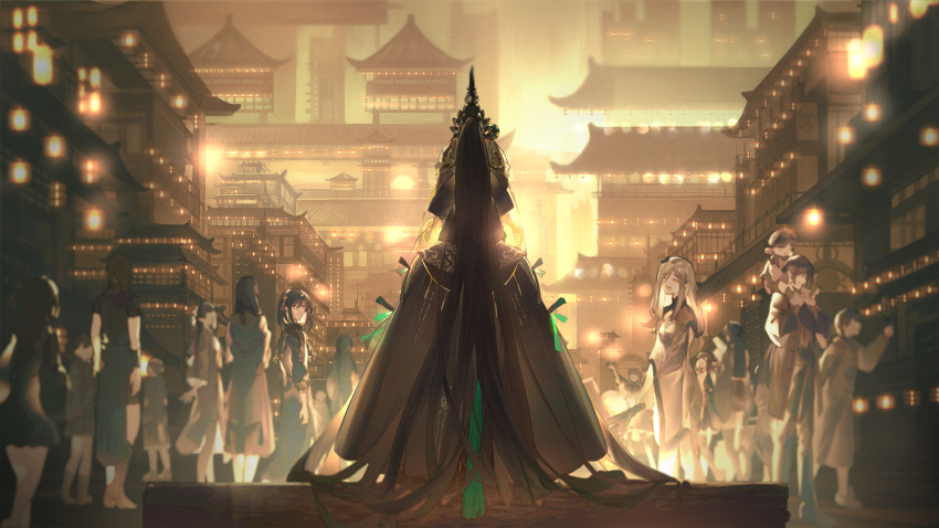6+girls bangs black_hair building carrying character_request closed_eyes from_behind glowing green_ribbon grey_hair highres lantern long_hair multiple_girls open_mouth punishing:_gray_raven ribbon shoulder_carry sitting smile standing very_long_hair yinzinmiemie