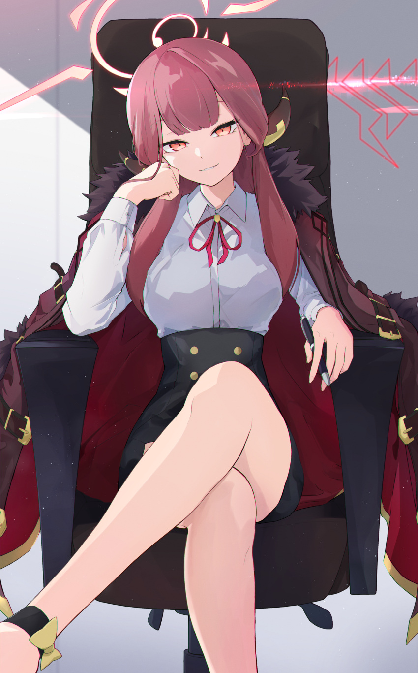 1girl absurdres ankle_strap aru_(blue_archive) blue_archive coat crossed_legs demon_horns fur-trimmed_coat fur_trim halo hand_on_own_cheek hand_on_own_face highres horns looking_at_viewer neck_ribbon parted_lips pencil_skirt pink_eyes pink_hair raiz_x_ace ribbon sitting skirt smile smirk
