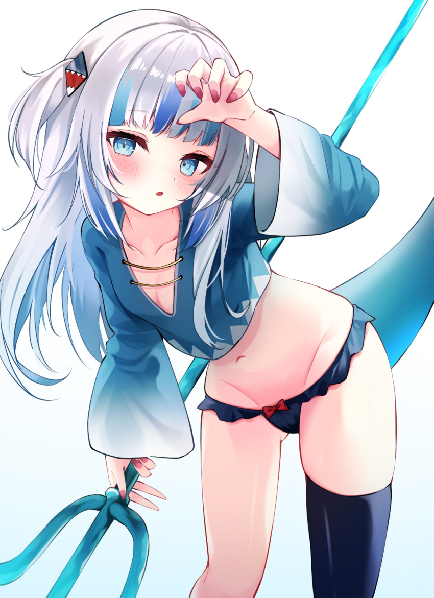 1girl :o bangs blue_eyes blue_hair blue_legwear blue_panties blue_shirt blush breasts claw_pose commentary_request crop_top eyebrows_visible_through_hair fish_tail gawr_gura hair_ornament highres holding holding_polearm holding_weapon hololive hololive_english leaning_forward leaning_to_the_side long_hair long_sleeves looking_at_viewer multicolored_hair nail_polish navel panties pink_nails polearm ribbon_panties shark_hair_ornament shark_tail shirt silver_hair single_thighhigh small_breasts solo standing tail thigh-highs trident two_side_up underwear virtual_youtuber weapon wide_sleeves yuzuno_kaori