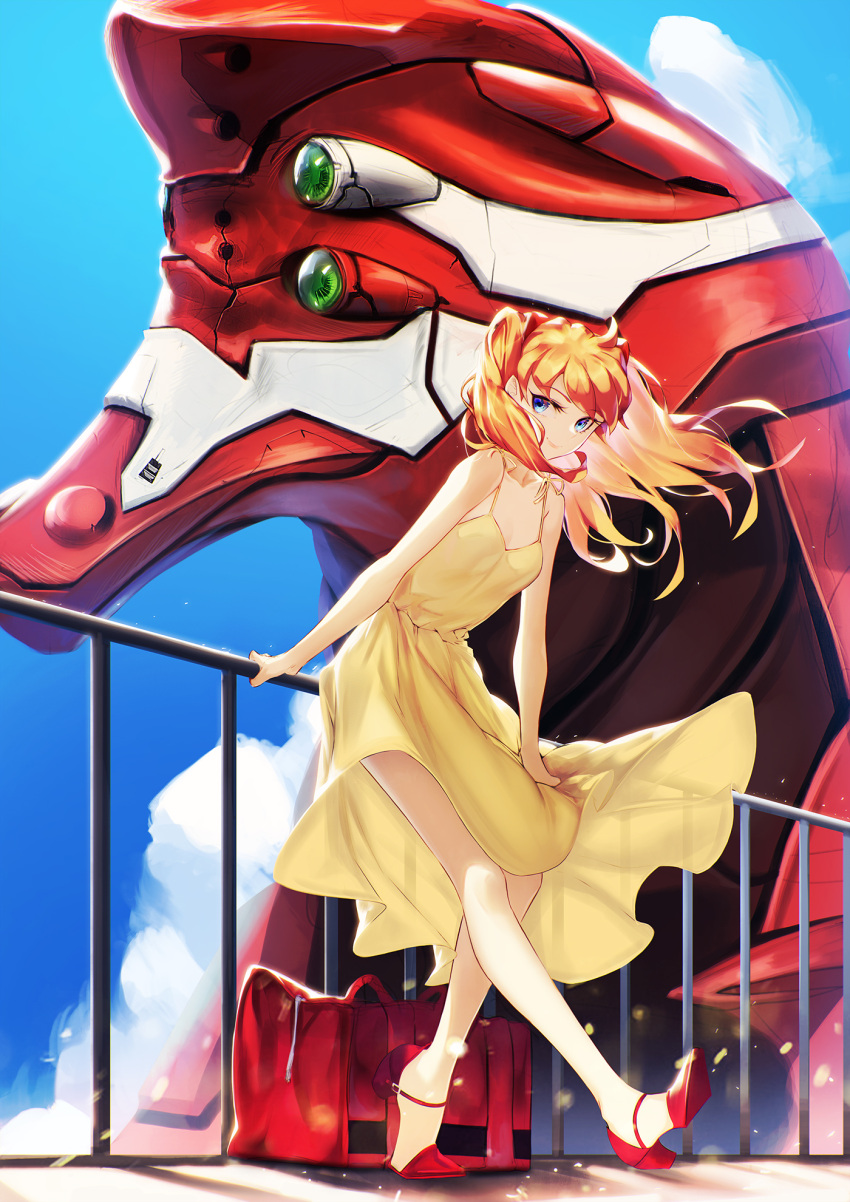 1girl bag bangs bare_shoulders blue_eyes blueorca breasts clouds day eva_02 eyebrows_visible_through_hair high_heels highres leaning_forward long_hair looking_at_viewer mecha medium_breasts neon_genesis_evangelion orange_hair outdoors railing red_footwear shoes sitting sky smile solo souryuu_asuka_langley spaghetti_strap standing standing_on_one_leg two_side_up wind