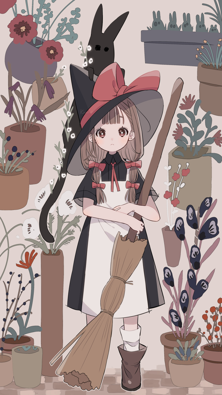 1girl bangs black_dress black_flower black_headwear bow bright_pupils broom brown_eyes brown_footwear brown_hair dress flower full_body hair_bow hat hat_ribbon highres holding holding_broom jikuno long_hair looking_at_viewer original plant potted_plant red_bow red_flower red_ribbon ribbon shoes short_sleeves solo standing white_flower white_pupils witch_hat