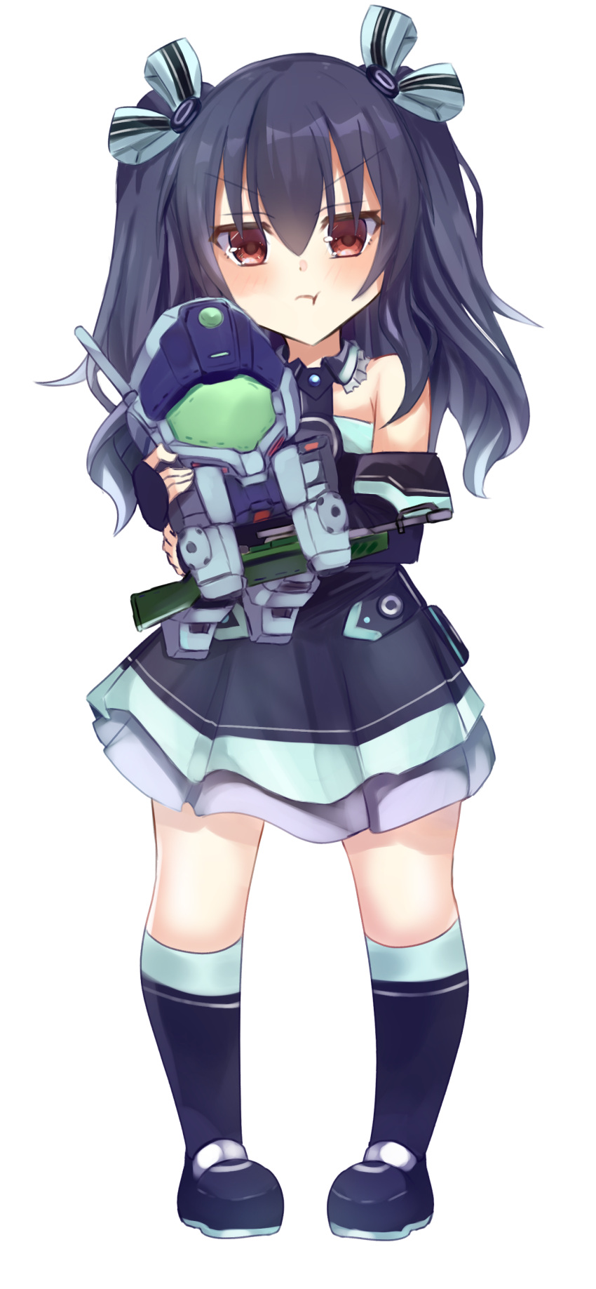 1girl absurdres bimmy black_dress black_hair blush character_doll detached_sleeves dress eyebrows_visible_through_hair full_body gm_(mobile_suit) gm_sniper_ii gundam hair_between_eyes hair_ornament highres neptune_(series) pout red_eyes simple_background socks solo two_side_up uni_(neptune_series) white_background younger
