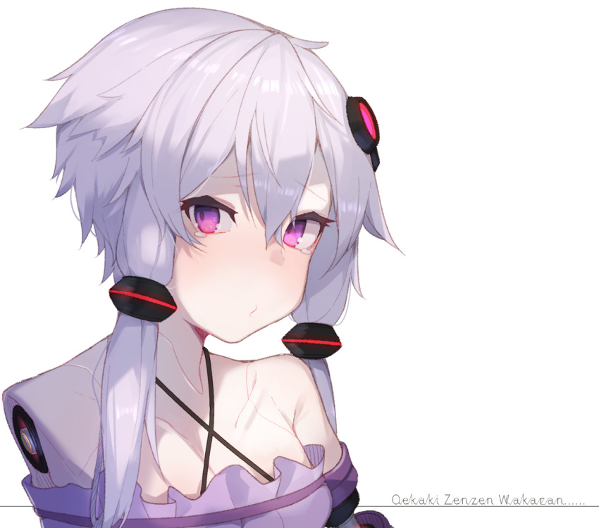 1girl android bangs bare_shoulders breasts collarbone criss-cross_halter eyebrows_visible_through_hair hair_between_eyes hair_ornament halter_dress halterneck missing_limb pout purple_hair romaji_text short_hair_with_long_locks sidelocks simple_background solo tearing_up upper_body violet_eyes vocaloid voiceroid white_background yuzuki_yukari zoruboi