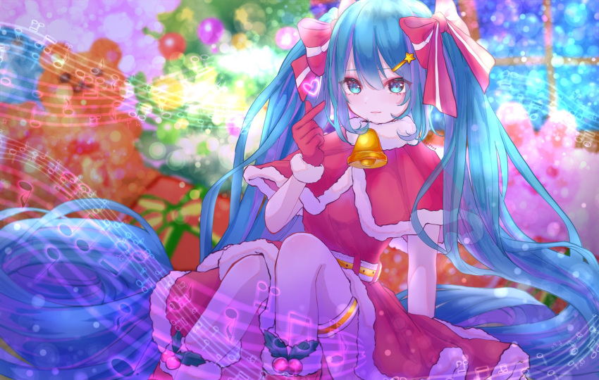 1girl bangs blue_eyes blue_hair blurry blurry_background boots bow capelet closed_mouth dress eyebrows_visible_through_hair floating_hair fur-trimmed_boots fur-trimmed_capelet fur-trimmed_dress fur-trimmed_gloves fur_trim gloves hair_between_eyes hair_bow hatsune_miku heart highres katorea long_hair pantyhose red_bow red_capelet red_dress red_footwear red_gloves santa_costume shiny shiny_hair short_dress sitting solo very_long_hair vocaloid white_legwear