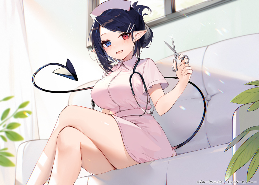 1girl :d black_hair blue_eyes blush breasts commentary_request couch crossed_legs demon_tail eyebrows_visible_through_hair folded_ponytail hair_ornament hairclip hat heterochromia indoors large_breasts looking_at_viewer muryotaro nurse official_art open_mouth original plant pointy_ears red_eyes scissors short_hair short_sleeves sitting smile solo stethoscope tail window wing_collar