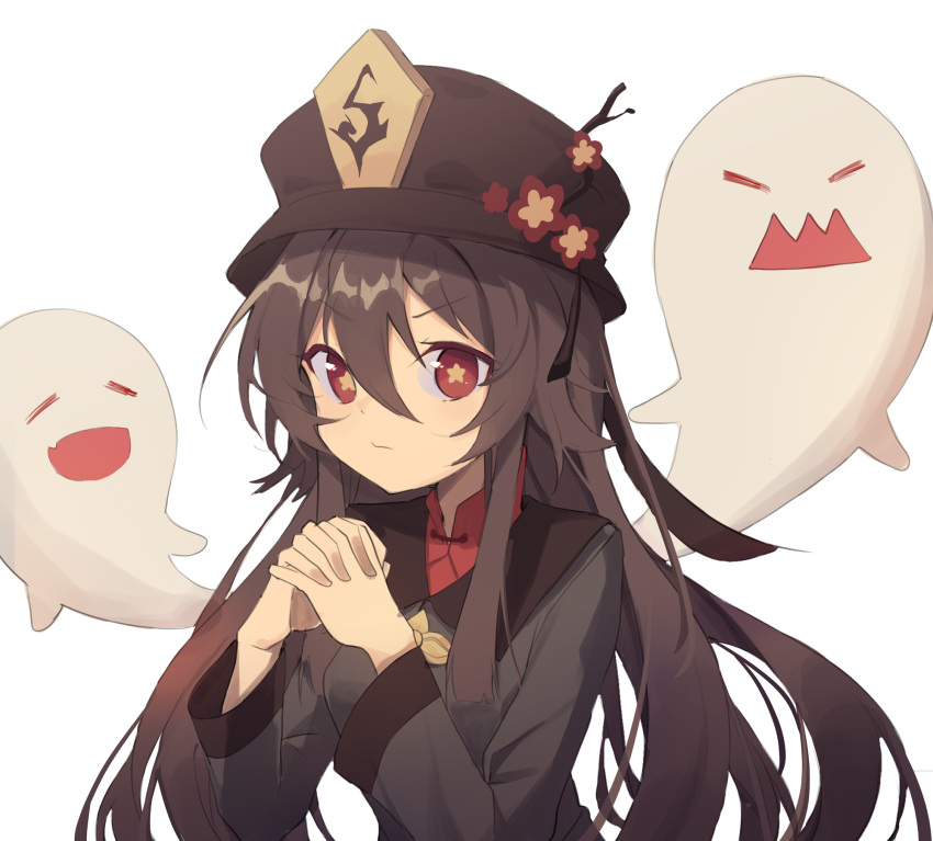 1girl brown_hair closed_eyes genshin_impact ghost hat highres hu_tao long_sleeves looking_at_viewer open_mouth red_eyes shiroi_ou simple_background symbol-shaped_pupils twintails white_background