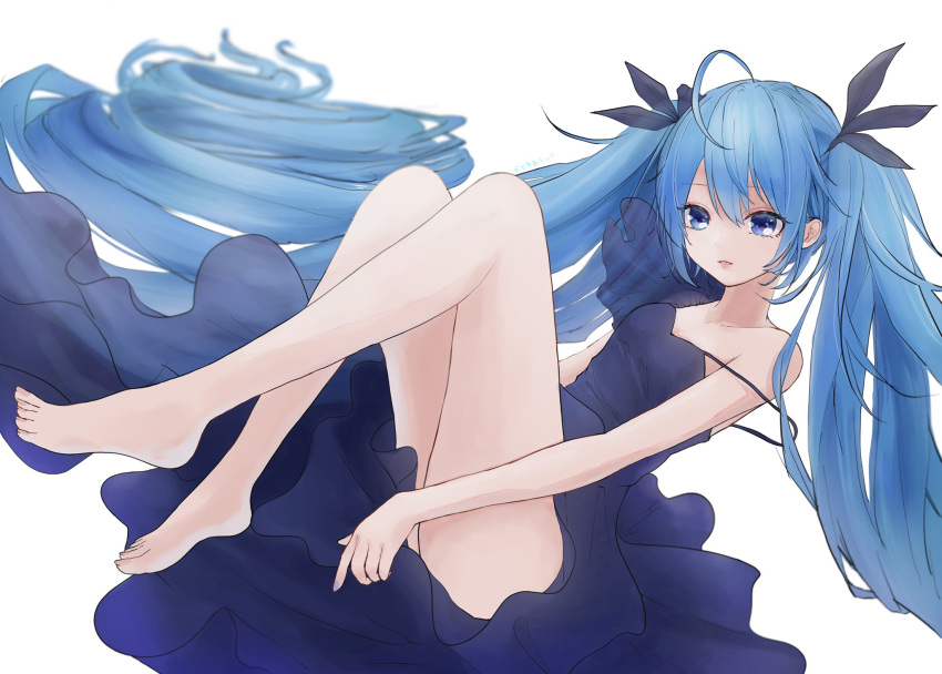 1girl ahoge bangs bare_shoulders black_bow black_dress blue_eyes blue_hair bow breasts collarbone dress eyebrows_visible_through_hair floating_hair full_body hair_between_eyes hair_bow hatsune_miku highres katorea long_hair off_shoulder parted_lips shiny shiny_hair simple_background sleeveless sleeveless_dress small_breasts solo spaghetti_strap very_long_hair vocaloid white_background