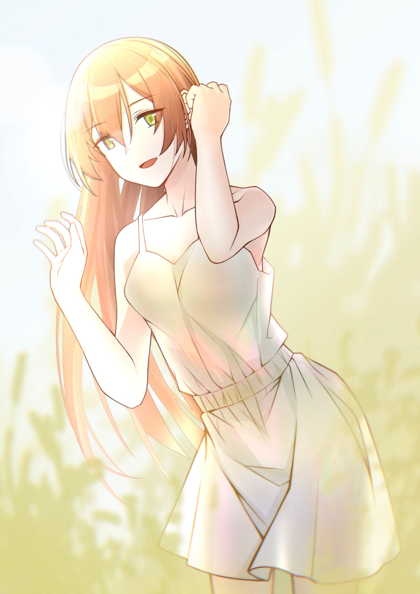 1girl absurdres breasts collarbone dress eyebrows_visible_through_hair girls_frontline green_eyes hand_in_hair hand_up highres long_hair looking_at_viewer m1903_springfield_(girls_frontline) macayase open_mouth orange_hair simple_background smile solo standing white_dress