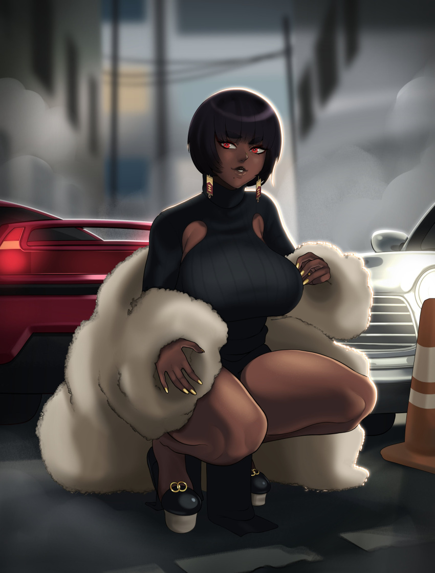 1girl absurdres armpit_cutout bangs bare_legs black_dress black_hair blunt_bangs borrowed_character breasts brown_lips car clothing_cutout dark_skin dark-skinned_female dress earrings english_commentary enma_(ninikyu) fashion fingernails full_body fur_coat gold_nails ground_vehicle highres honda honda_nsx huge_breasts inktswish jewelry kneeling long_hair mole mole_under_mouth motor_vehicle nose original pelvic_curtain platform_footwear platform_heels red_eyes ribbed_dress short_hair solo thick_eyebrows thick_thighs thighs