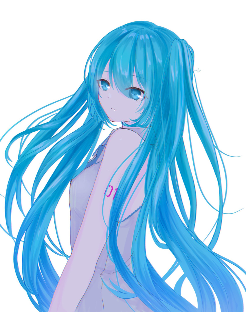 1girl bangs blue_eyes blue_hair blue_neckwear closed_mouth collared_shirt eyebrows_visible_through_hair floating_hair from_side grey_shirt hair_between_eyes hatsune_miku highres katorea long_hair necktie shiny shiny_hair shirt simple_background sleeveless sleeveless_shirt solo standing twintails upper_body very_long_hair vocaloid white_background wing_collar