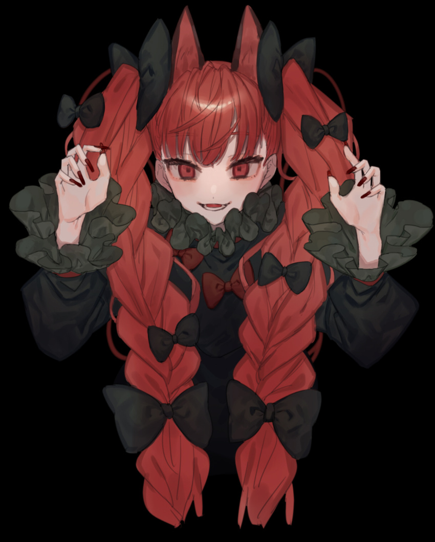 1girl animal_ears bangs black_background black_bow bow braid cat_ears extra_ears fingernails frilled_sleeves frills hair_bow highres kaenbyou_rin long_fingernails long_hair long_sleeves marimo_tarou multiple_bows nail_polish nekomata open_mouth red_bow red_eyes red_nails redhead solo touhou twin_braids upper_body