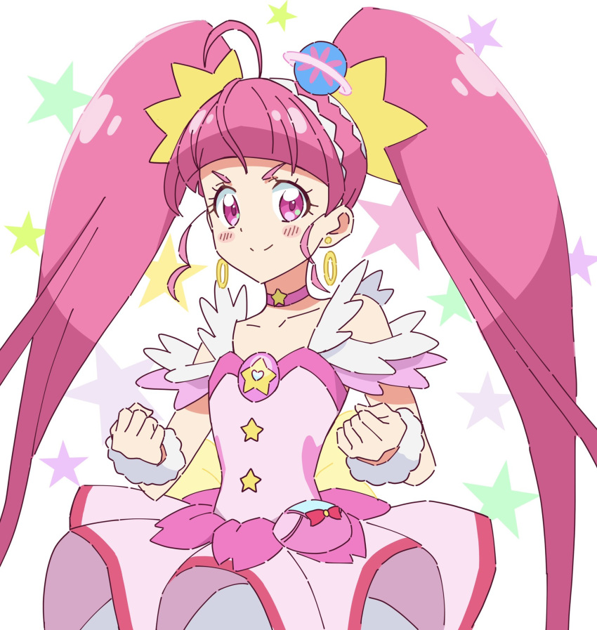 1girl ahoge bangs blunt_bangs blush choker clenched_hands closed_mouth collarbone cure_star earrings hair_ornament highres jewelry kousuke0912 long_hair looking_at_viewer pink_choker pink_hair pink_skirt pleated_skirt precure red_eyes shiny shiny_hair sketch skirt smile solo star_(symbol) star_choker star_twinkle_precure very_long_hair wrist_cuffs