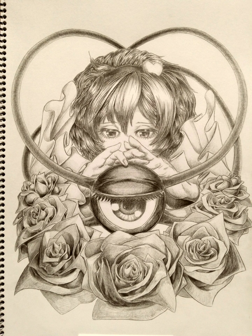 1girl expressionless eyeball eyelashes fingernails flower frilled_sleeves frills graphite_(medium) hairband heart highres komeiji_satori looking_at_viewer notebook photo_(medium) rose sek-it short_hair solo third_eye touhou traditional_media wide_sleeves