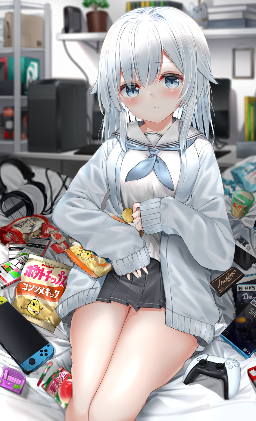 1girl :o absurdres bag_of_chips black_skirt blue_eyes blue_jacket blue_neckwear blurry blurry_background blush breasts cellphone cellphone_charm chips computer controller depth_of_field feet_out_of_frame food food_on_face game_controller headphones headphones_removed highres holding holding_food indoors jacket keyboard_(computer) long_hair long_sleeves looking_at_viewer medium_breasts monitor neckerchief neku_(neku_draw) nintendo_switch open_clothes open_jacket original parted_lips phone plant pleated_skirt potato_chips potted_plant ramen sailor_collar school_uniform serafuku shelf shirt sitting skirt sleeves_past_wrists solo white_hair white_sailor_collar white_shirt