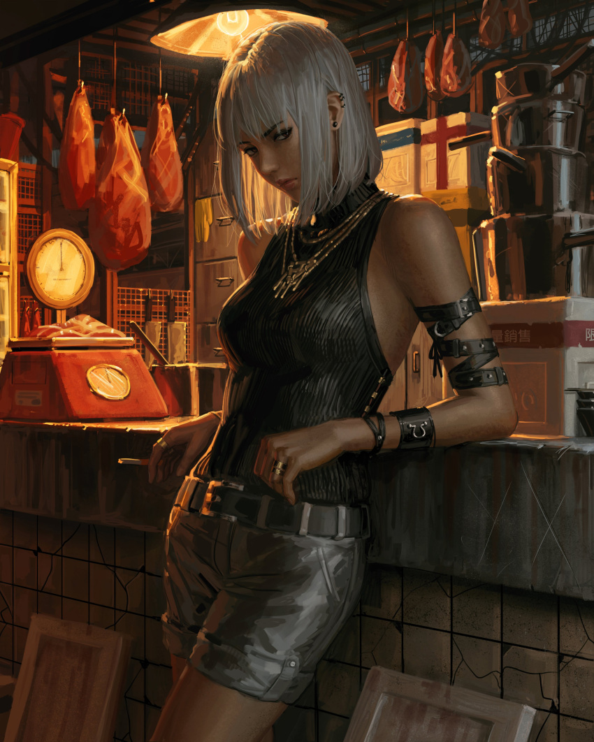 1girl absurdres bangs bare_shoulders belt belt_buckle between_fingers black_belt black_shirt breasts brown_eyes buckle ceiling_light cigarette closed_mouth commentary ear_piercing earrings eyebrows_visible_through_hair food grey_hair grey_shorts guweiz highres holding holding_cigarette jewelry kitchen_knife looking_at_viewer meat medium_breasts necktie original piercing ring shirt short_shorts shorts sleeveless sleeveless_shirt solo stud_earrings symbol_commentary thick_eyebrows