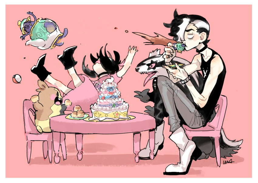 1boy 1girl alcremie black_footwear black_hair black_shirt boots border brother_and_sister cake chair commentary_request cup dress falling food galarian_form galarian_linoone galarian_ponyta gen_8_pokemon gigantamax gigantamax_alcremie hair_ribbon highres holding holding_cup holding_saucer marnie_(pokemon) morpeko morpeko_(full) multicolored_hair pants piers_(pokemon) pink_dress pink_ribbon poke_ball poke_ball_(basic) pokemon pokemon_(creature) pokemon_(game) pokemon_swsh polteageist ribbon saucer shirt siblings sinistea sitting sketch sleeveless sleeveless_shirt spit_take spitting table tea tripped two-tone_hair usakomu_(komugiko) white_border younger