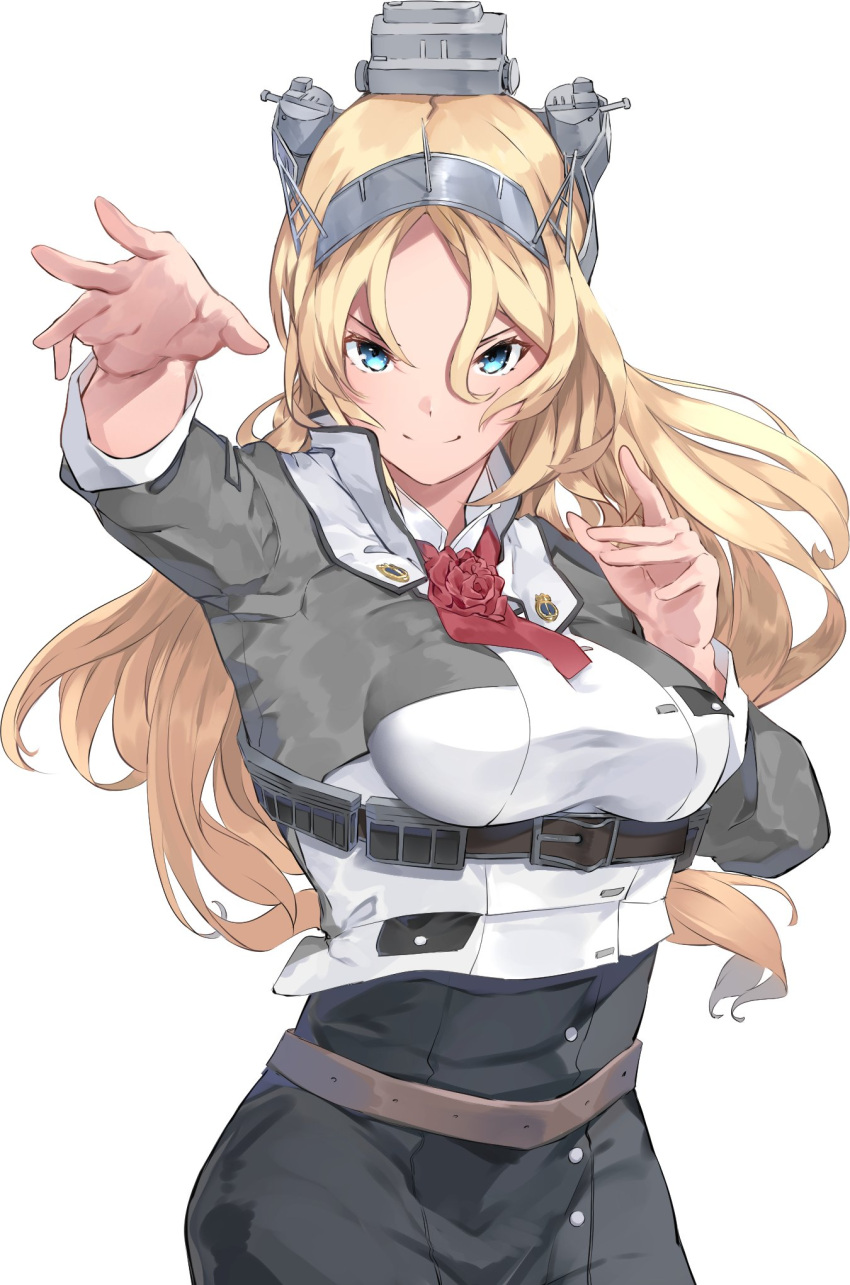 1girl bangs blonde_hair blue_eyes breasts flower gegeron headgear highres kantai_collection long_hair long_sleeves looking_at_viewer military military_uniform nelson_(kancolle) pose red_flower red_neckwear red_rose rose simple_background skirt smile solo uniform white_background