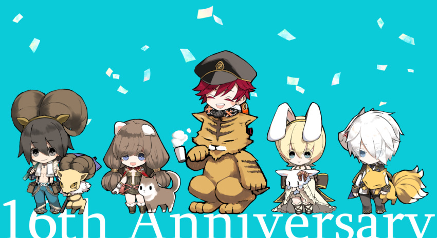 2girls 3boys animal animal_ears anniversary axe bangs baphomet_jr bare_pecs belt black_belt black_bow black_eyes black_gloves black_hair black_headwear black_jacket black_neckwear black_pants blonde_hair blue_background blue_eyes blue_pants blush bob_cut boots bow brown_belt brown_cape brown_dress brown_footwear brown_hair cape cat_ears chibi closed_eyes closed_mouth commentary_request confetti creator_(ragnarok_online) crop_top demon desert_wolf_(ragnarok_online) dress eddga eyebrows_visible_through_hair eyes_visible_through_hair fake_animal_ears fingerless_gloves flat_cap fox fox_mask frilled_dress frills full_body fur-trimmed_footwear fur-trimmed_pants gauntlets genetic_(ragnarok_online) gloves goat goat_horns hair_between_eyes hair_over_one_eye hairband hat holding holding_animal holding_axe holding_bunny holding_scythe horns jacket kitsune kusabi_(aighe) large_bow living_clothes long_hair long_sleeves looking_at_viewer lunatic_(ragnarok_online) mask mechanic_(ragnarok_online) multiple_boys multiple_girls necktie nine_tail_(ragnarok_online) official_alternate_costume open_clothes open_mouth open_shirt pants pipe pouch rabbit rabbit_ears ragnarok_online red_cape red_eyes scythe shirt shoes short_dress short_hair simple_background smile smoking strapless strapless_dress suspenders teeth tiger torn_clothes torn_shirt twintails wanderer_(ragnarok_online) white_dress white_hair white_shirt whitesmith_(ragnarok_online) wide_sleeves wolf yellow_hairband