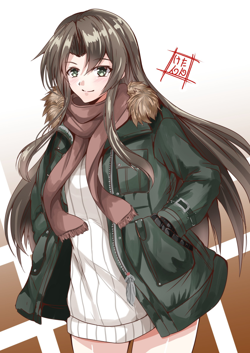 1girl absurdres alternate_hairstyle artist_logo beige_dress brown_background coat commentary_request dress fur-trimmed_jacket fur_trim gradient gradient_background green_eyes green_jacket grey_hair hands_in_pockets highres jacket kantai_collection kentan_(kingtaiki) long_hair looking_at_viewer official_alternate_costume ribbed_dress ribbed_sweater solo sweater sweater_dress white_background winter_clothes winter_coat zuikaku_(kancolle)