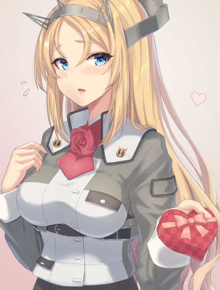 1girl ascot blonde_hair blue_eyes blush box breasts flower gift gift_box headgear heart heart-shaped_box highres holding holding_gift kantai_collection large_breasts long_hair long_sleeves military military_uniform monoku nelson_(kancolle) open_mouth red_flower red_neckwear red_rose rose solo uniform upper_body