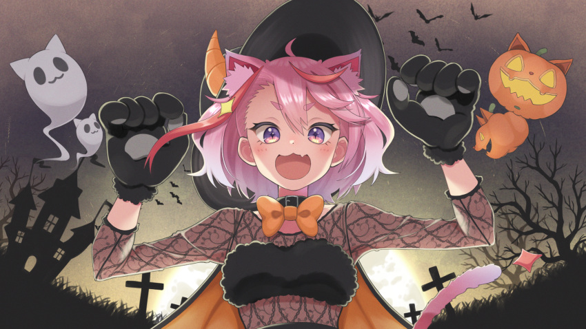 1girl :3 ahoge animal_ears bat capelet cat_ears cat_girl cat_paws cat_tail character_request cloak copyright_request cross ghost halloween highres jack-o'-lantern looking_at_viewer official_art otyaduke paws pink_hair solo tail violet_eyes virtual_youtuber