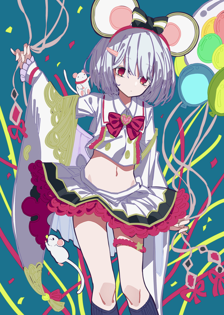 1girl animal animal_ears animal_on_shoulder balloon bangs black_bow black_legwear blue_background bow closed_mouth collared_shirt confetti eyebrows_visible_through_hair granblue_fantasy grey_hair hair_bow hair_ornament hairclip heart highres kneehighs long_sleeves looking_at_viewer midriff mouse mouse_ears mouse_on_shoulder navel pleated_skirt red_bow red_eyes shirt skirt sleeves_past_wrists solo streamers striped striped_bow toake_mikage vikala_(granblue_fantasy) white_shirt white_skirt wide_sleeves