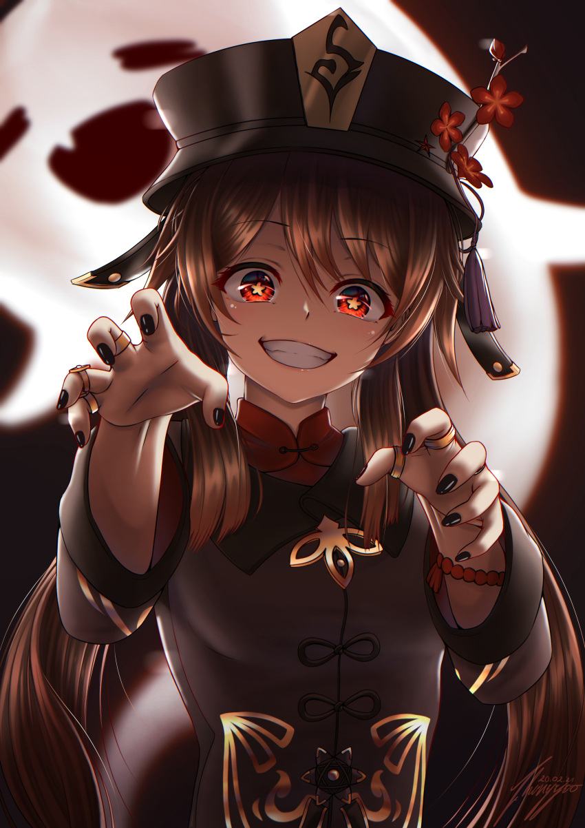 1girl absurdres bead_bracelet beads black_legwear bracelet brown_hair chernyyvo closed_eyes fang genshin_impact ghost hat highres hu_tao jewelry long_sleeves looking_at_viewer nail_polish open_mouth red_eyes ring smile solo symbol-shaped_pupils teeth twintails