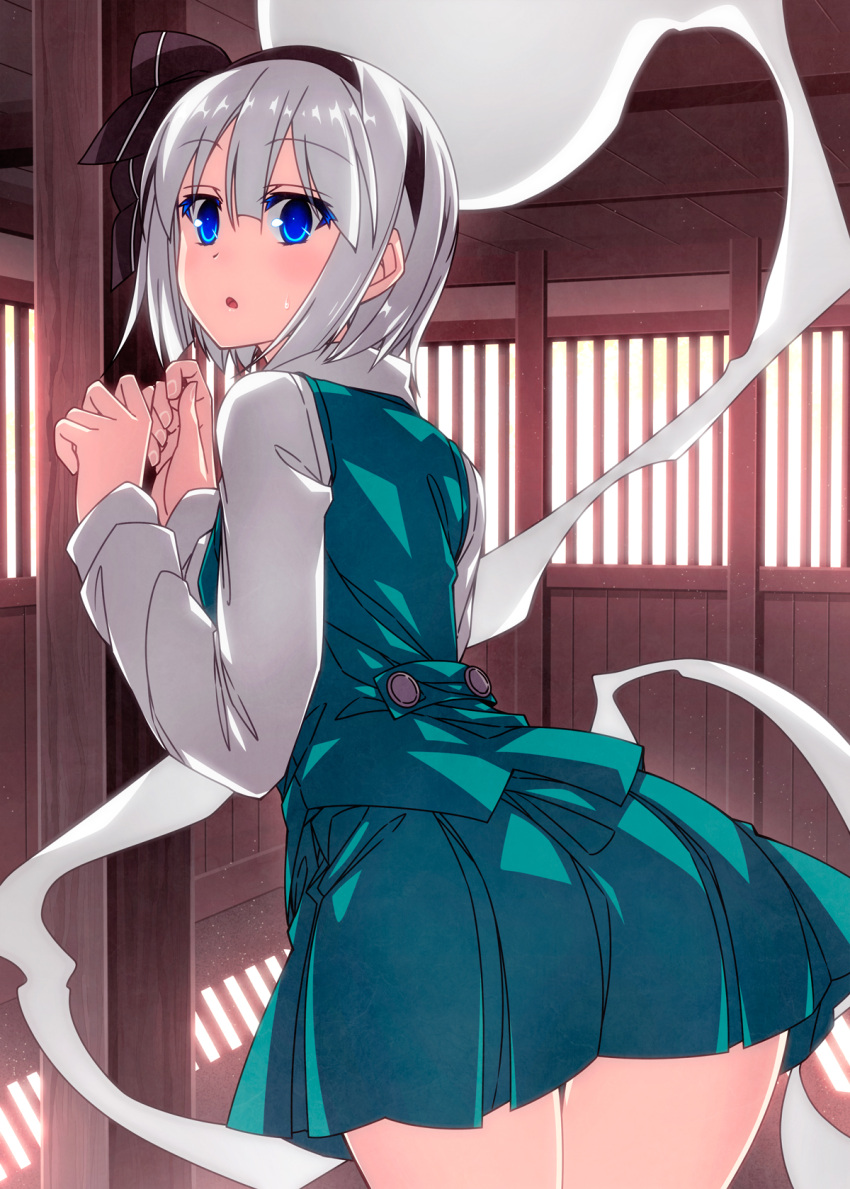 1girl :o bangs barn black_hairband black_ribbon blue_eyes blush bob_cut breasts buttons collared_shirt commentary cowboy_shot eyebrows_visible_through_hair from_behind green_skirt green_vest hair_ribbon hairband hands_up highres hitodama indoors konpaku_youmu konpaku_youmu_(ghost) leaning_forward light_particles long_sleeves looking_at_viewer looking_back miniskirt open_mouth pillar pleated_skirt ribbon sazanami_mio shiny shiny_hair shirt short_hair sidelocks silver_hair skirt skirt_set small_breasts solo sunlight sweatdrop touhou vest white_shirt wing_collar