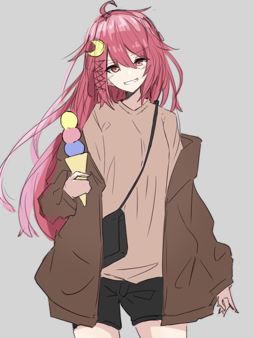 1_2_arnold 1girl absurdres ahoge alternate_costume bag black_shorts brown_coat brown_shirt brown_t-shirt coat commentary_request contrapposto crescent crescent_hair_ornament food grey_background grin hair_ornament hair_ribbon highres holding ice_cream kantai_collection long_hair looking_at_viewer pink_hair red_eyes ribbon shirt shorts simple_background smile solo standing t-shirt uzuki_(kancolle)
