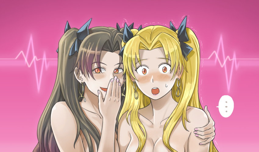 ... 2girls :o black_hair black_ribbon blonde_hair blush breasts collarbone covering_mouth earrings ereshkigal_(fate) fate/grand_order fate_(series) freega hair_ribbon hand_on_another's_shoulder hoop_earrings ishtar_(fate) ishtar_(fate)_(all) jewelry looking_at_viewer medium_breasts multiple_girls nude red_eyes ribbon smile speech_bubble spoken_ellipsis surprised sweatdrop two_side_up