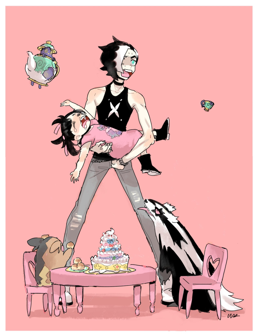 1boy 1girl alcremie black_footwear black_hair black_shirt boots border brother_and_sister cake carrying chair collarbone commentary_request dress food galarian_form galarian_linoone galarian_ponyta gen_8_pokemon gigantamax gigantamax_alcremie green_eyes hair_ribbon highres legs_apart marnie_(pokemon) morpeko morpeko_(full) multicolored_hair open_mouth outstretched_arms pants piers_(pokemon) pink_dress pink_ribbon plate pokemon pokemon_(creature) pokemon_(game) pokemon_swsh polteageist ribbon shirt siblings sinistea sleeveless sleeveless_shirt standing table tearing_up teeth tongue two-tone_hair usakomu_(komugiko) white_border younger