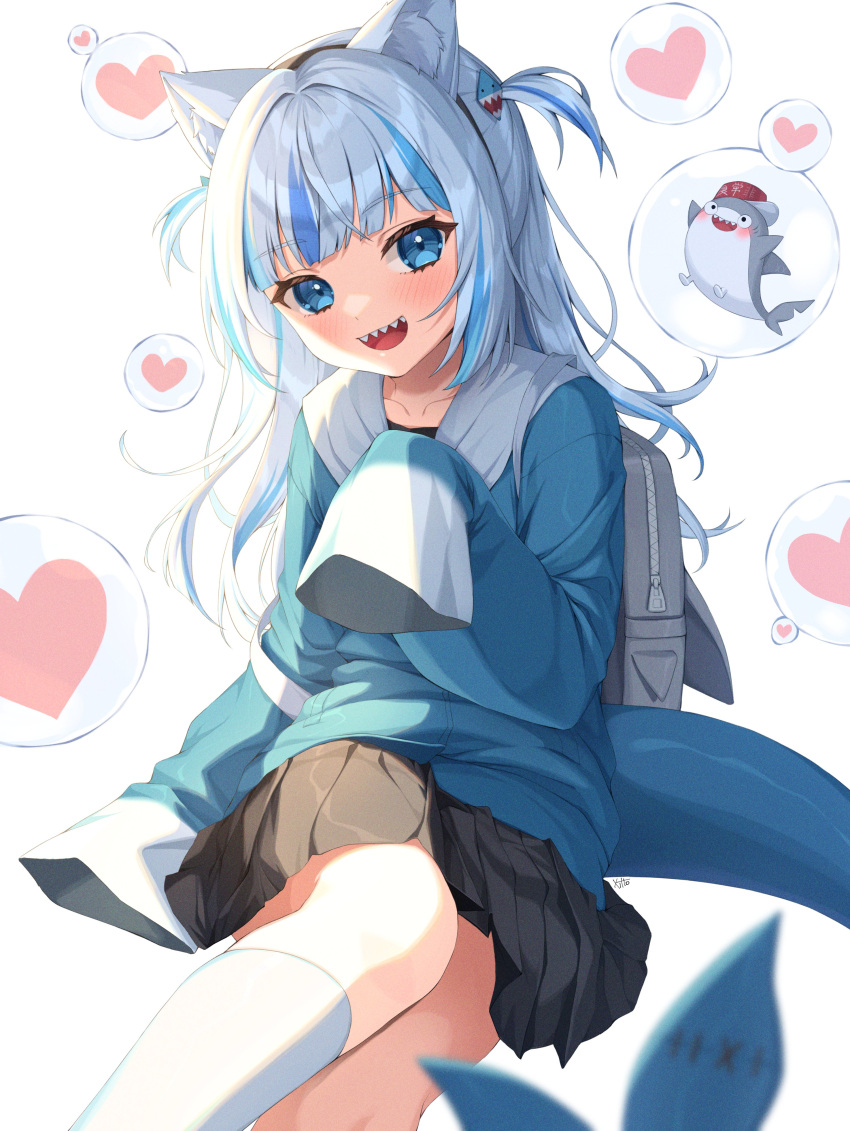 1girl absurdres animal_ears bag black_skirt blue_eyes blue_hair cat_ears fish_tail gawr_gura hair_ornament hairband heart highres hololive hololive_english long_hair looking_at_viewer multicolored_hair open_mouth school_bag shark_tail sharp_teeth skirt sleeves_past_wrists streaked_hair tail teeth two_side_up white_background white_hair white_legwear xiho_(suna)