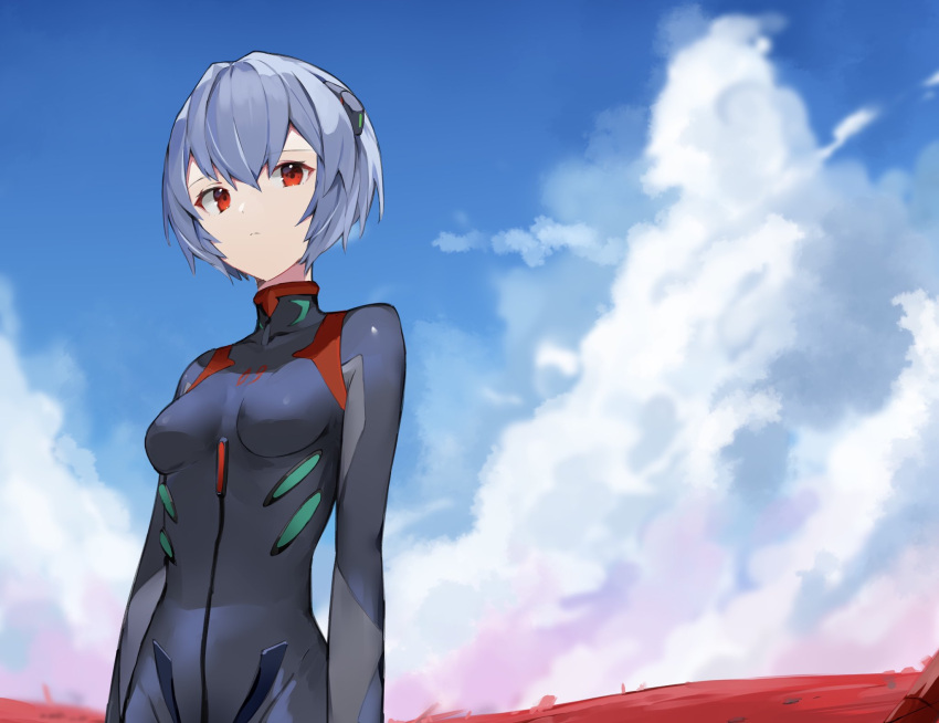 1girl ayanami_rei blue_hair blue_sky breasts clouds cloudy_sky evangelion:_3.0_you_can_(not)_redo highres neon_genesis_evangelion plugsuit rebuild_of_evangelion red_eyes ryou_(ponpgo) short_hair skin_tight sky small_breasts solo upper_body