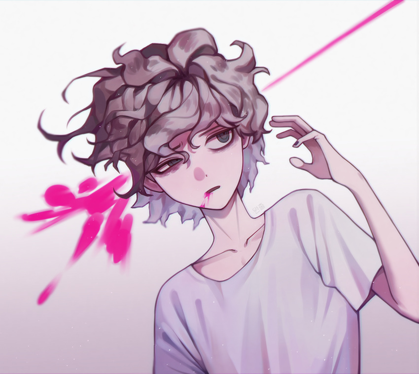 1boy alternate_costume bangs black_nails blood blood_from_mouth blood_on_face blood_splatter collarbone commentary_request dangan_ronpa_(series) dangan_ronpa_2:_goodbye_despair gradient gradient_background grey_background grey_eyes grey_hair half-closed_eye hand_up komaeda_nagito male_focus messy_hair nail_polish pink_blood shirt short_sleeves solo upper_body white_background white_shirt wonchul