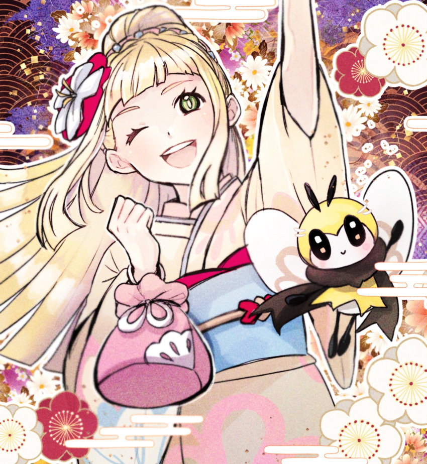 1girl ;d arm_up bangs blonde_hair blue_sash clenched_hand commentary danki_tm99 eyelashes floating_hair flower gen_7_pokemon green_eyes hair_flower hair_ornament highres japanese_clothes kimono lillie_(pokemon) long_hair one_eye_closed open_mouth outline pokemon pokemon_(creature) pokemon_(game) pokemon_masters_ex pouch ribombee sash shiny shiny_hair smile teeth tongue white_flower