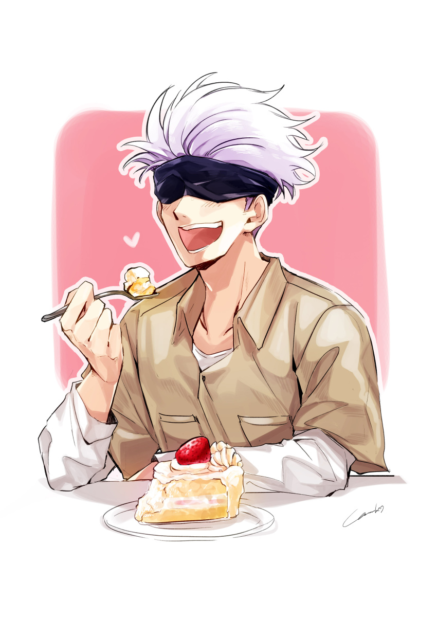 1boy :d absurdres blindfold brown_shirt cake cake_slice collared_shirt covered_eyes facing_viewer food fruit gojou_satoru heart highres holding holding_spoon jujutsu_kaisen long_sleeves male_focus open_mouth pink_background plate shirt short_hair short_sleeves smile solo spoon strawberry upper_body white_background white_hair white_shirt yasuko_(ysk_03611)